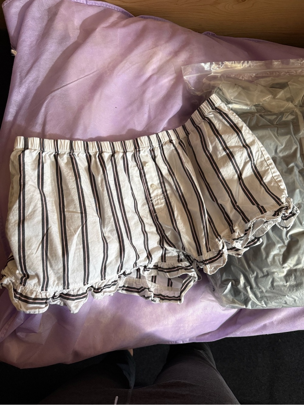 PINK Victoria's Secret White and Black Striped Ruffle Pajama Shorts